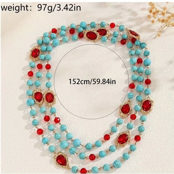 Extra Long 60" Beaded Imitation Turquoise Necklace with Red Accents Gold Tone - Picture 3 of 3